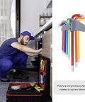 Premium 9-Piece Colored Long Arm Hex Wrench Set For Heavy Duty Steel Repair Kits With Comfortable Grip And Multi-Function Hex Key Tools Perfect For Industrial Mechanics And DIY Grilling And Home Fixes. Colored steel hex key set in carry holder, used for oven repair