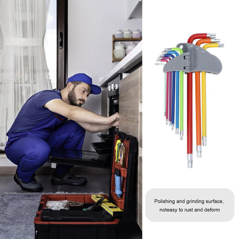 Premium 9-Piece Colored Long Arm Hex Wrench Set For Heavy Duty Steel Repair Kits With Comfortable Grip And Multi-Function Hex Key Tools Perfect For Industrial Mechanics And DIY Grilling And Home Fixes. Colored steel hex key set in carry holder, used for oven repair