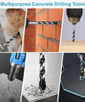 12-piece carbide-tipped masonry/concrete drill bit set (1/8"–1/2"), collage of brick, wood and metal drilling views.