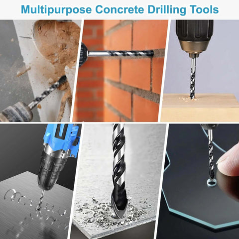 12-piece carbide-tipped masonry/concrete drill bit set (1/8"–1/2"), collage of brick, wood and metal drilling views.