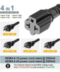 Heavy Duty Three Foot Nema 5 15P To 5 15R 5 20R 6 15R 6 20R AC Adapter showing 4-in-1 outlet compatibility options.