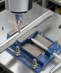 Built Like A Tank 4 Inch Drill Press Vise With Slotted Cast Iron Base And Precision Steel Jaw Plates securing metal during machining.