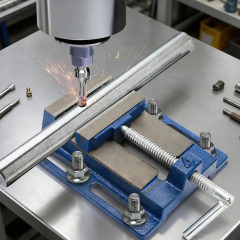 Built Like A Tank 4 Inch Drill Press Vise With Slotted Cast Iron Base And Precision Steel Jaw Plates securing metal during machining.