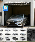 Car in garage charging with Level 1 And 2 Portable Home EV Charger With 16Amp 110V To 240V Flex, visible NEMA adapters.
