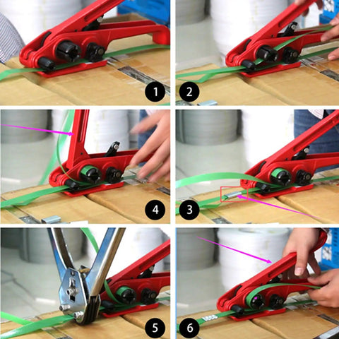 Step by step use of Heavy Duty Manual Plastic Strap Tensioner Sealer Kit For PP PET Straps with integrated cutting groove on box