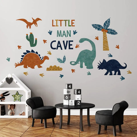 Peel And Stick Dino Footprints Wall Decals For Nursery And Playroom Baby Room Art Watercolor Blue Coconut Trees Cactus Jungle Theme Decor For Kids Room Gift, showing dinosaurs and plants on wall.