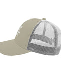 Side view of apricot low profile trucker hat for men and women breathable cotton cap with six air holes lightweight all day comfort