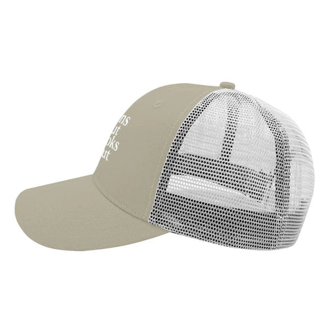 Side view of apricot low profile trucker hat for men and women breathable cotton cap with six air holes lightweight all day comfort