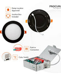 6-Pack 4-Inch Color-Selectable LED Recessed Ceiling Downlights with J-Box, oil rubbed bronze trim, shown with junction box and connectors.