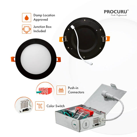 6-Pack 4-Inch Color-Selectable LED Recessed Ceiling Downlights with J-Box, oil rubbed bronze trim, shown with junction box and connectors.