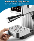 Espresso Machine 20 Bar Compact Coffee Maker With Powerful Steam Wand and removable drip plate being adjusted.