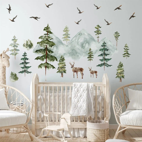 Peel And Stick Mountain Forest Wall Decals Set With Pine Trees Deer And Birds For Kids Room And Nursery Decor On A Large 15.7x47.2 Inch Sheet