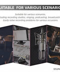 Microphone Isolation Shield With Pop Filter And Stand Plus Phone Clip For Recording Podcasting Streaming Singing And YouTube Videos Foldable Triple Layer Sound Proofing For Studio Use Black shown in various scenarios