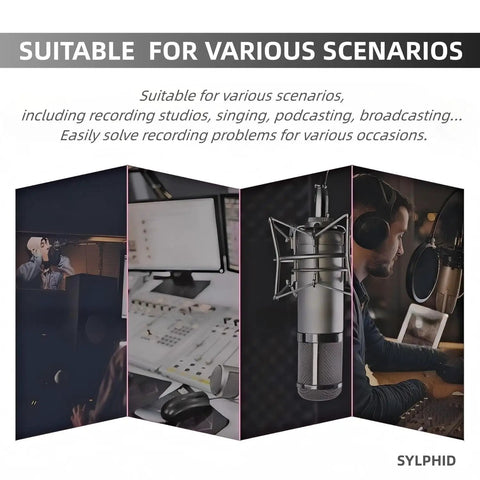 Microphone Isolation Shield With Pop Filter And Stand Plus Phone Clip For Recording Podcasting Streaming Singing And YouTube Videos Foldable Triple Layer Sound Proofing For Studio Use Black shown in various scenarios
