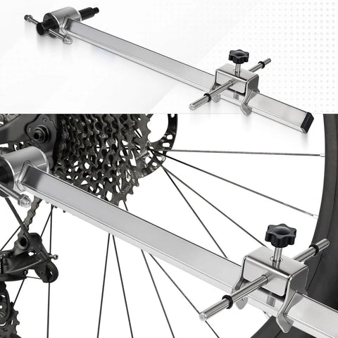 Derailleur Hanger Alignment Gauge Tool For 20 To 29 Inch Bikes Stainless Steel Wheel Repair And Tuning Tool For Mountain Biking And Road Cycling Keeps Shifts Smooth And Quick Misalignment Fix shown on bike wheel