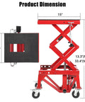 Heavy Duty Hydraulic Motorcycle Lift Table With 350 Lb Capacity Wide Deck Foot Operated Jack J Hooks Four Wheels Perfect For ATVs And Dirt Bikes Maintenance And Repairs shown side view with dimensions.