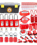Hard Hat Approved 50 Piece Lockout Tagout Kit Featuring OSHA Compliant Safety Padlocks and circuit breaker locks in a toolbox.