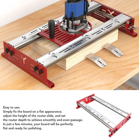 Router Sled For Slab Flattening in use on wooden plank, DIY Woodworking Sled Jig with aluminum sliding plate, adjustable tool for wood.