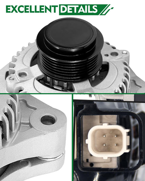 Close-up of upgraded 130 Amp 12V alternator for Honda Odyssey Pilot Ridgeline 2011 to 2015 showing pulley and connector.