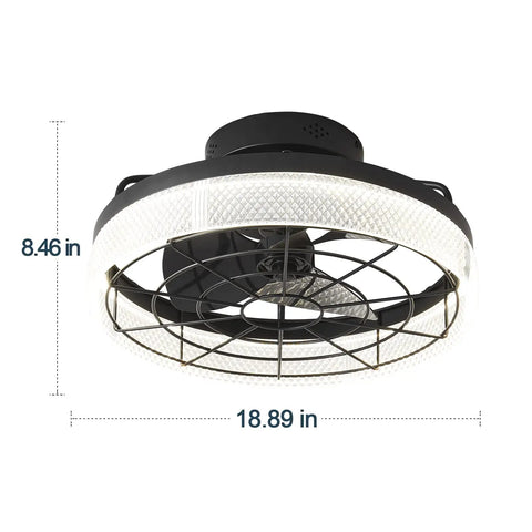 Low Profile Ceiling Fan With Lights Black Finish, Space Saving Caged Flush Mount, Dimmable LED With 3 Color Temperature