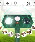 Front view of the Solar Ultrasonic Animal Deterrent With Motion Sensor And LED Strobe Dual Action Critter Repeller for Yard Lawn Garden