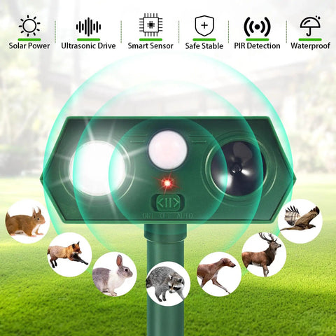 Solar Ultrasonic Animal Repellent Dual Action With Motion Sensor And Flashing Light Keeps Critters Like Squirrels Raccoons And Rabbits Out Of Your Yard And Garden Outdoor 2 Pack, green stake-mounted unit