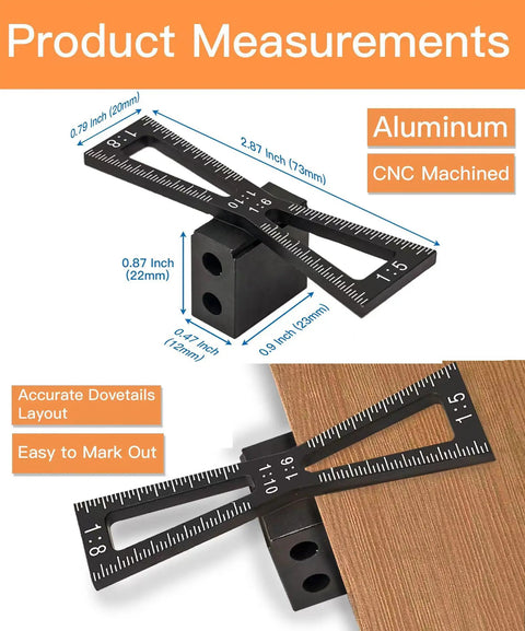 Slick Woodworkers Dovetail Marking Gauge With Cam Lever Lock And Interchangeable Blades For Easy Setup No Fuss Precision Scribing In Inches Or Millimeters Heavy Duty Shop Essential, showing aluminum frame and measurements.