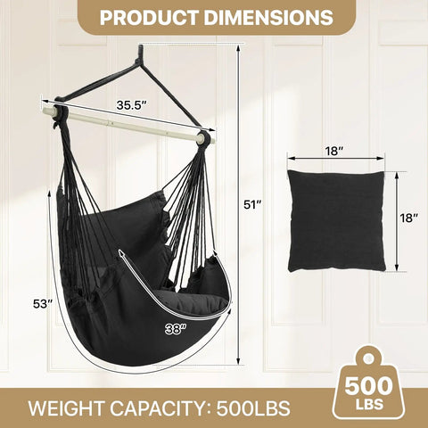 Cozy Hammock Chair With Two Cushions Hanging Rope Swing For Indoor Outdoor Patio Black Boho Macrame, dimensions shown with 500 lbs capacity.