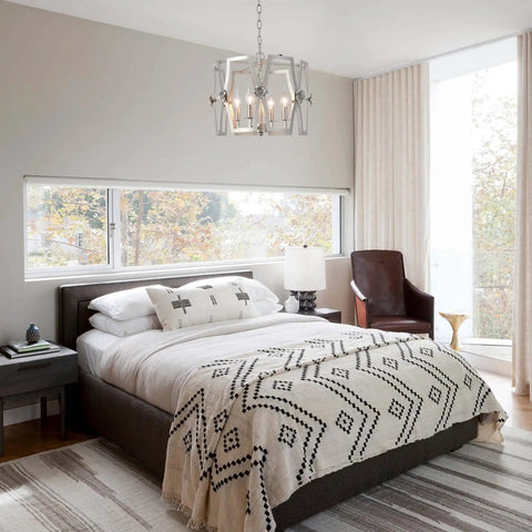 Brushed Nickel Drum Pendant Chandelier For Dining Room 4 Light Modern Round Fixture in a stylish bedroom setting.