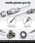 All In One Grease Gun Accessory Kit With 90 Degree Coupler Straight And Bent Needle Nozzles detailing needle tips on gears and bearings