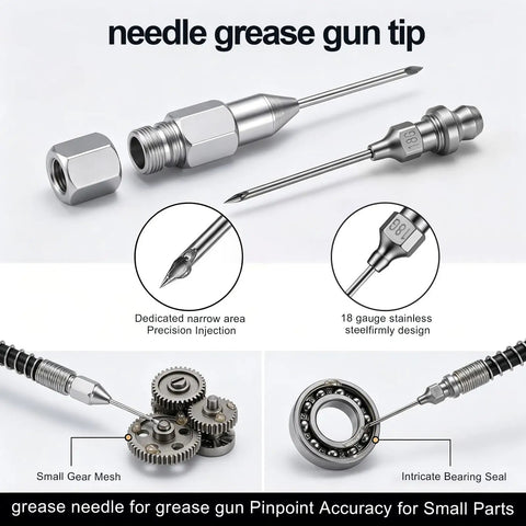 All In One Grease Gun Accessory Kit With 90 Degree Coupler Straight And Bent Needle Nozzles detailing needle tips on gears and bearings
