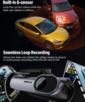 4K Front And Rear Dash Cam With Fast 5GHz WiFi Hands Free Voice Control Crystal Clear Footage Compact Hidden Design shown with G-sensor and loop recording features.