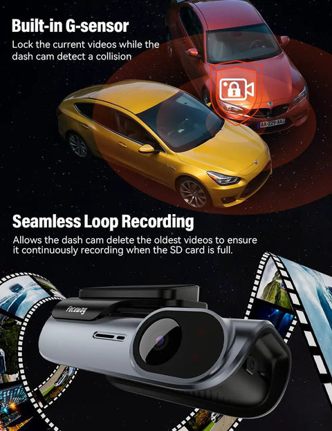 4K Front And Rear Dash Cam With Fast 5GHz WiFi Hands Free Voice Control Crystal Clear Footage Compact Hidden Design shown with G-sensor and loop recording features.