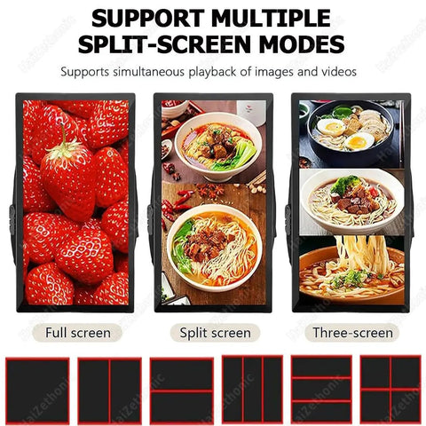 21.5 Inch Walking Backpack Digital Billboard Featuring 1080p Full Hd Ips Screen And 400 Nits Brightness For Indoor Signs That Are Straight Up Game Changers multiple split-screen display demonstrating food images.