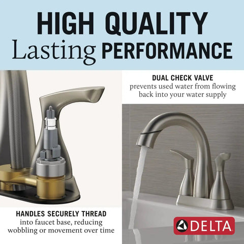 Broadmoor Centerset Brushed Nickel Bathroom Faucet With Pull Down Sprayer with dual check valve and durable handle threading.