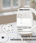 2.0L Electric Kettle With All 304 Stainless Steel And No Plastic Contact Borosilicate Glass Window For Visual Boiling displayed with base