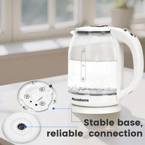 2.0L Electric Kettle With All 304 Stainless Steel And No Plastic Contact Borosilicate Glass Window For Visual Boiling displayed with base