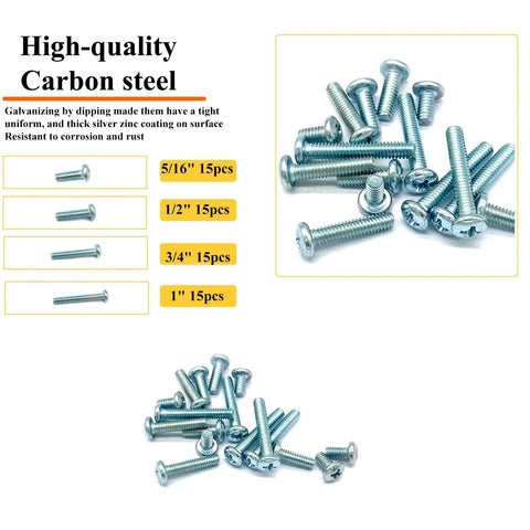 60 Piece Set Of Machine Screws Size Eight Thirty Two Thread Assortment Kit With Phillips Pan Head In Four Lengths Displayed