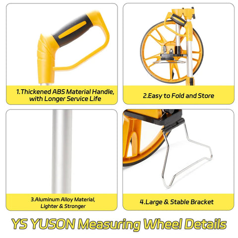 Foldable 12 Inch Metric Measuring Wheel With High Accuracy Counter Up To 10,000 M Built Built for jobsite use, showing ABS handle, aluminum shaft and stable bracket