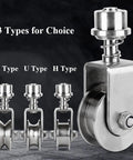 Heavy Duty Spring Swivel Gate Roller Wheel Crafted From Rust Busting 304 Stainless Steel Universal Groove Track Caster types V, U, H.