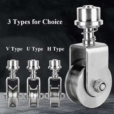 Four Pack Built Tough 304 Stainless Steel Gate Rollers With Spring Loaded Universal Groove Casters, showing V, U, H types.