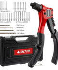 Manual Pop Rivet Gun Kit With 200 Aluminum Rivets In Four Sizes And Four Drill Bits For Easy Installation, includes carrying case.