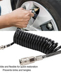 Heavy Duty Rubber Inflator Extension Hose With Bend Limiter For Air Compressors connected to tire valve, showcasing kink resistant design.