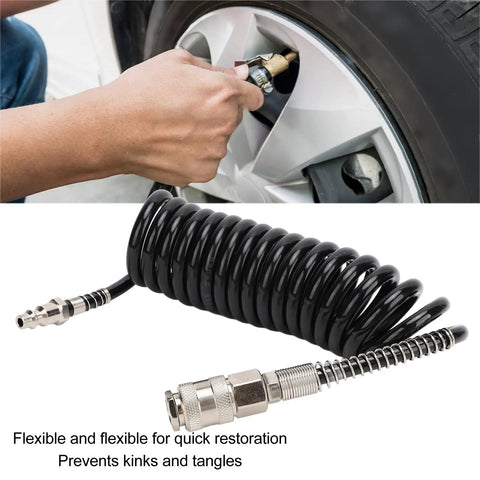 Heavy Duty Rubber Inflator Extension Hose With Bend Limiter For Air Compressors connected to tire valve, showcasing kink resistant design.