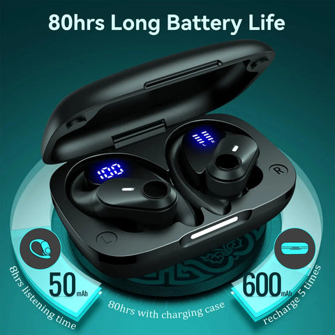 Black Noise Cancelling Wireless Buds with 80 Hours of Playtime and Power Display Case for Sports and Gym Workouts