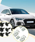 28 Piece Housing Fixation Clip Set For Sub Plate Mounting, Durable Auto Clips For Secure Engine Housing Fastening And Quick Install Replacement Kit For Automotive Use, black and silver screw clips with car front view