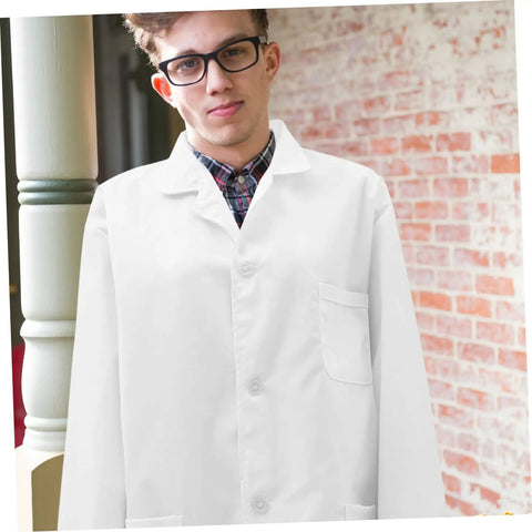 Man wearing Men's Dope White Lab Coat Doctor Costume For Adults Premium Cotton Medical Coat Pro Grade Look in a casual setting