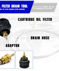 Close-up of 64mm Oil Filter Wrench Kit with Drain Hose and Adaptor for Cartridge Style Filter on Toyota Lexus Scion