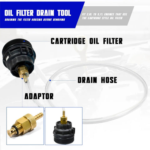 Close-up of 64mm Oil Filter Wrench Kit with Drain Hose and Adaptor for Cartridge Style Filter on Toyota Lexus Scion