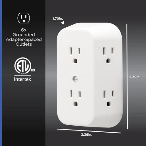 Front view of Six Outlet Extender Power Tap 2 Pack Grounded Wall Tap With Spaced Outlets And 3 Prong Splitter Converts Two Outlets